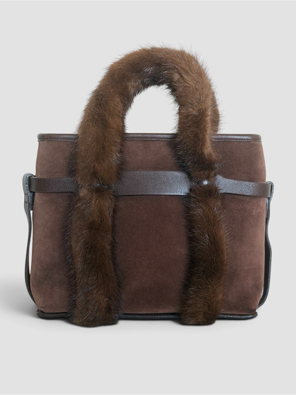 Salvatore Ferragamo Brown Suede Mink Fur Handle Bag - Picture 2 of 13